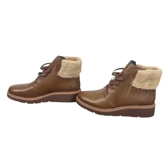 Clarks Mahogany Leather Faux Fur Trim Wedge Boots 8.5 - Picture 7 of 8